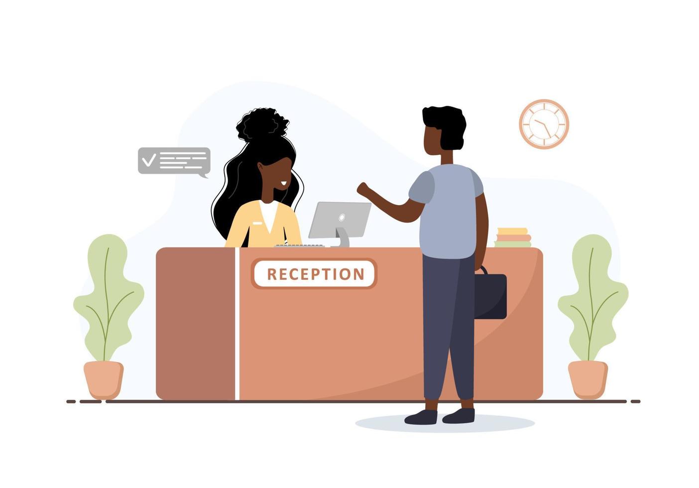 Reception interior. African woman receptionist and man with briefcase at reception desk. Hotel booking, clinic, airport registration, bank or office reception concept. Cartoon flat vector illustration