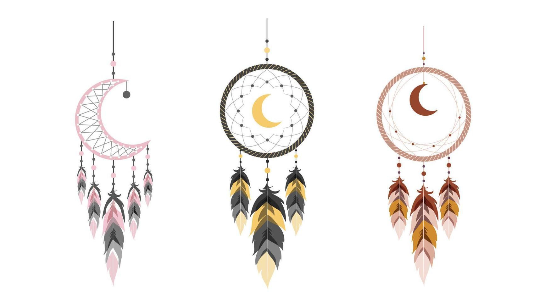 atrapasueños con luna y plumas. conjunto de talismanes indios. vector