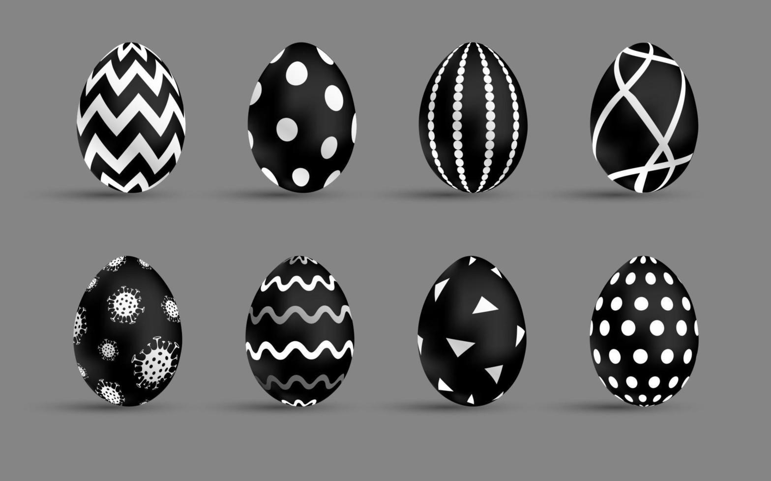 juego de huevos negros de pascua. huevos de lujo con diferentes adornos blancos. vacaciones de primavera. ilustración vectorial realista. para tarjeta de felicitación, promoción, afiche, volante, banner web, redes sociales vector