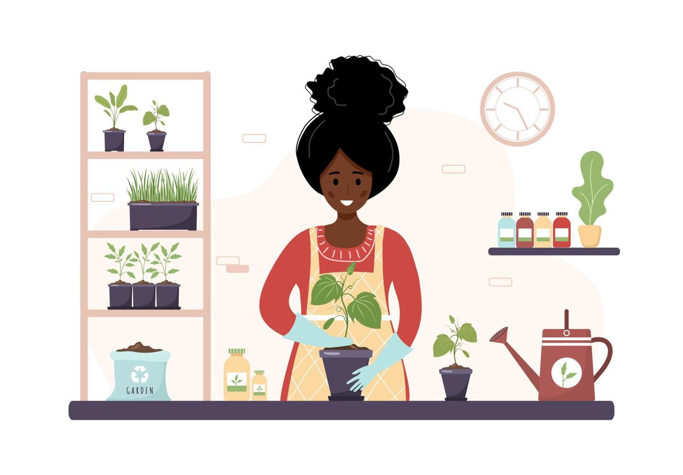 plantando en casa. mujer africana de dibujos animados replantando plántulas en invernadero. afición a la jardinería. ilustración vectorial en estilo plano. concepto de vivero y cuidado de plantas domésticas vector