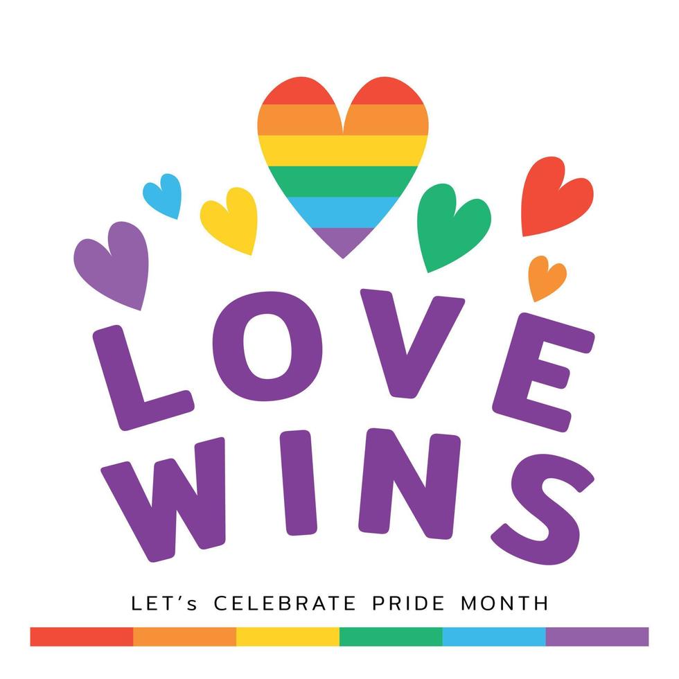 Flat Love wins quote lable. For celebrate Pride month with Lgbtq rainbow heart stickers. vector