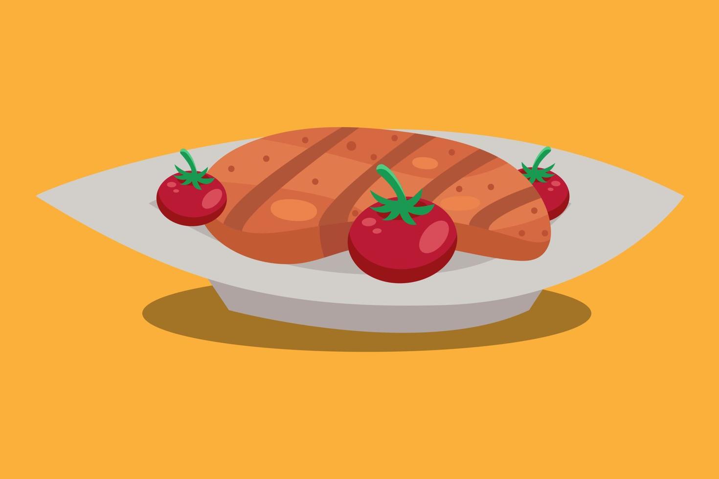 una ración de bife largo con tres tomates frescos vector