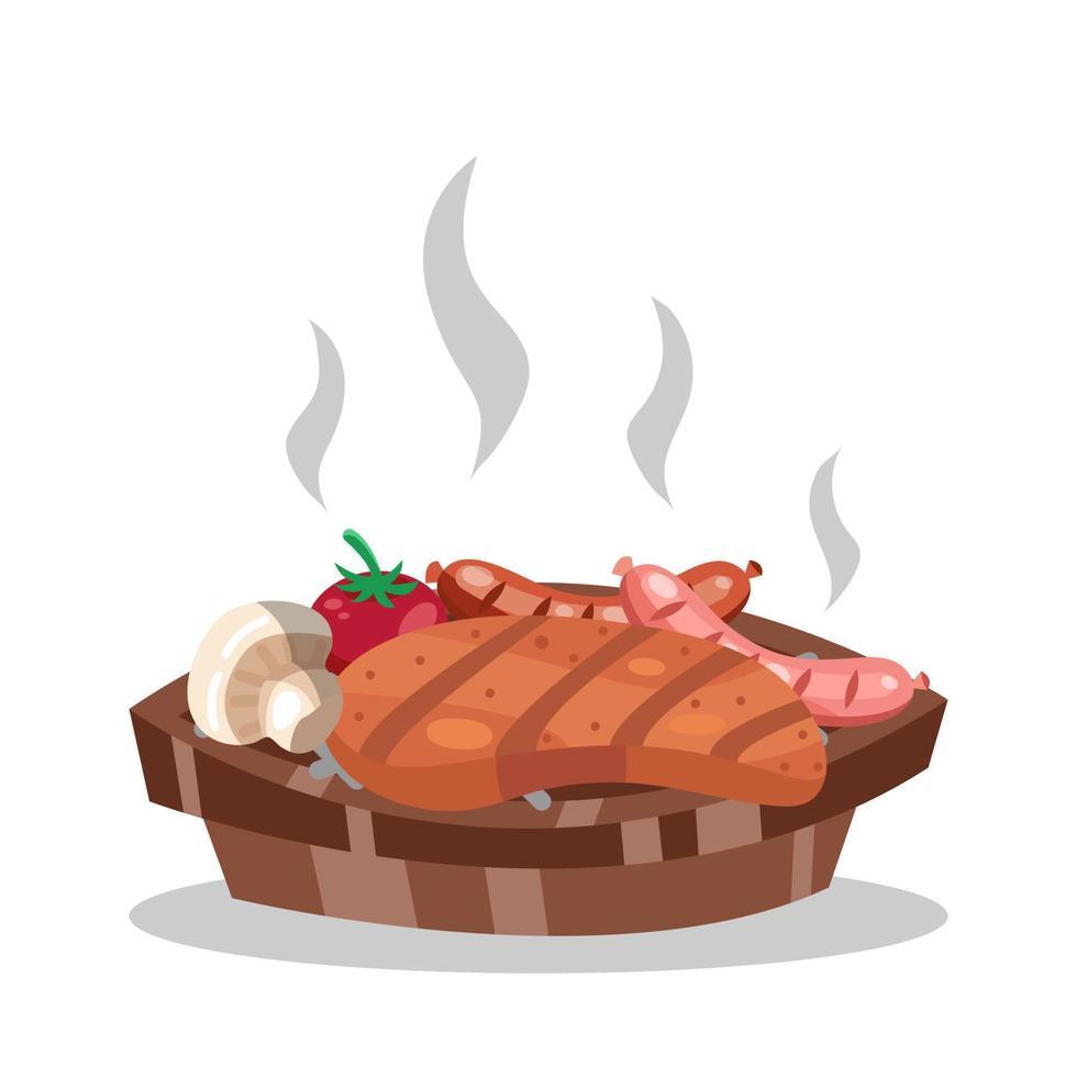 steak grill set complete with sausage, tomato and mushroom. vector