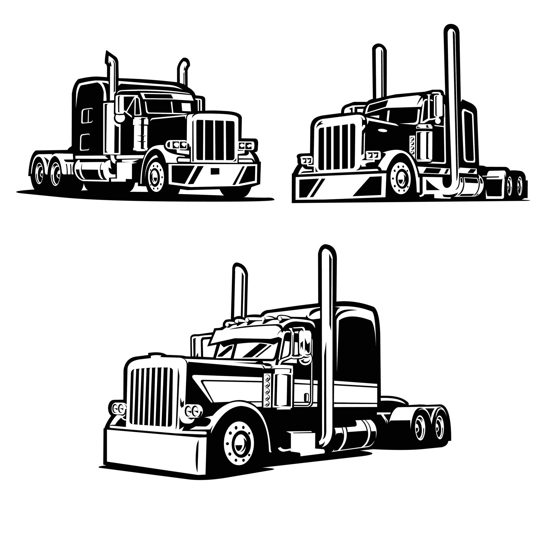 Monochrome 18 wheeler big rig freight semi truck vector isolated in