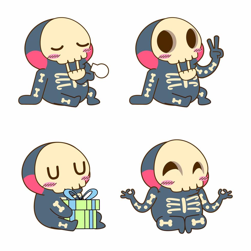 cute skeleton doodle sticker, skeleton illustration vector