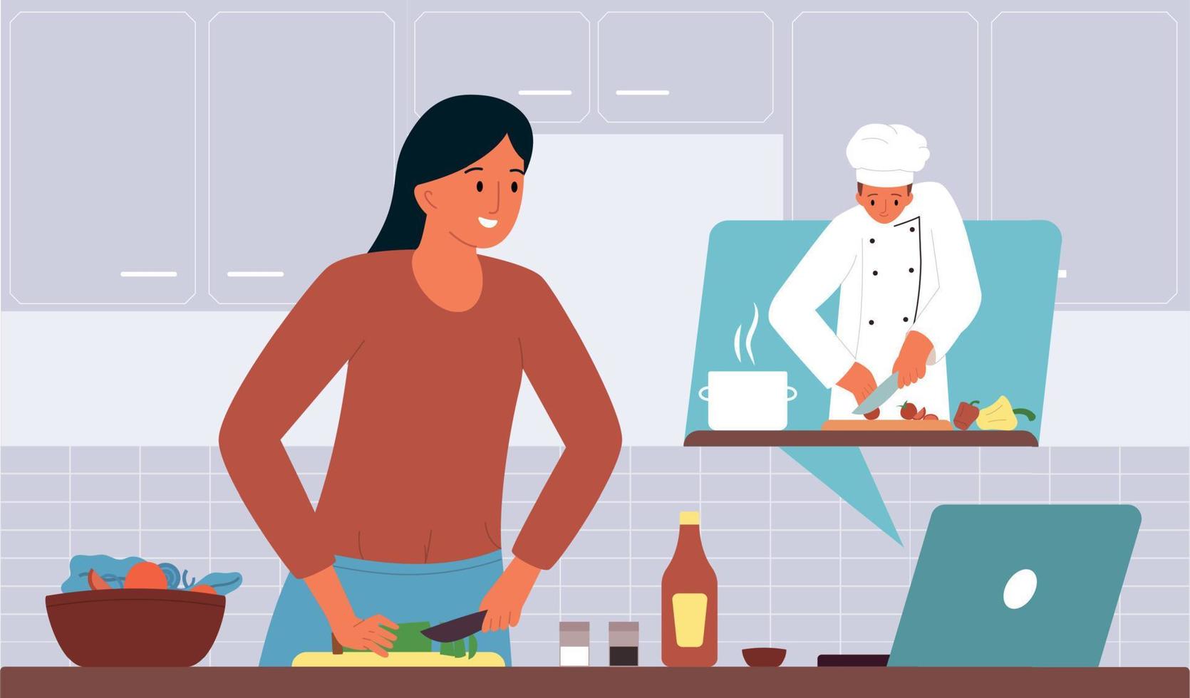 People Cooking Online Flat Composition vector
