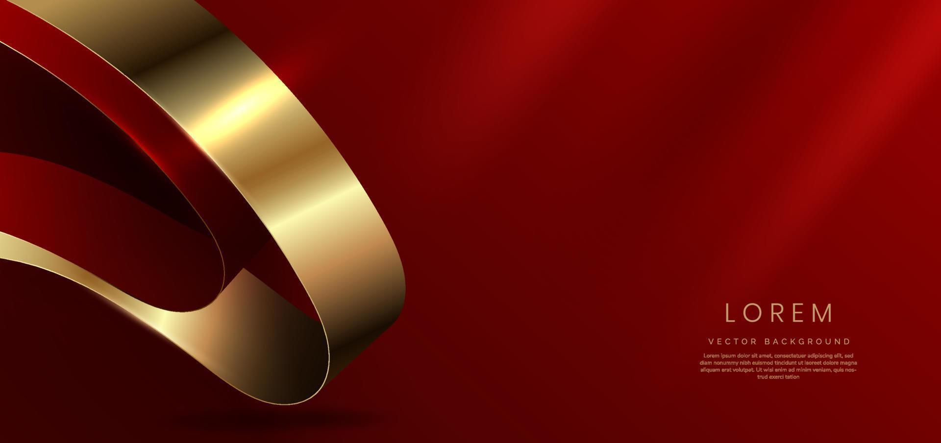 Abstract 3d gold curved red ribbon on red background with lighting effect and sparkle with copy space for text. Luxury design style. vector