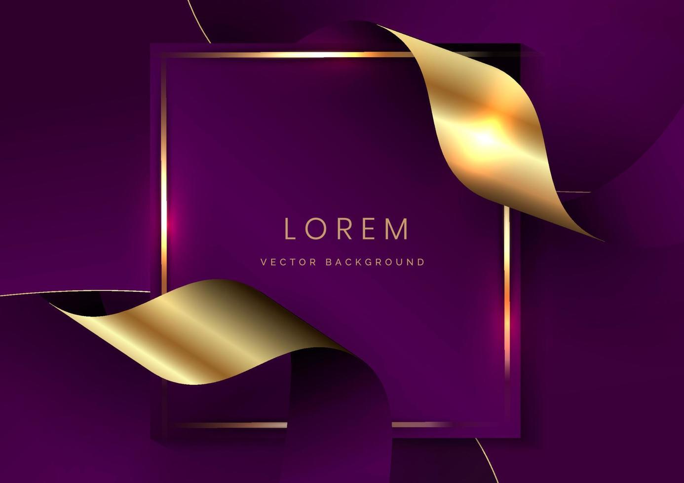 Abstract 3d curved violet and gold ribbon on violet background with lighting effect copy space for text. Luxury design style. vector