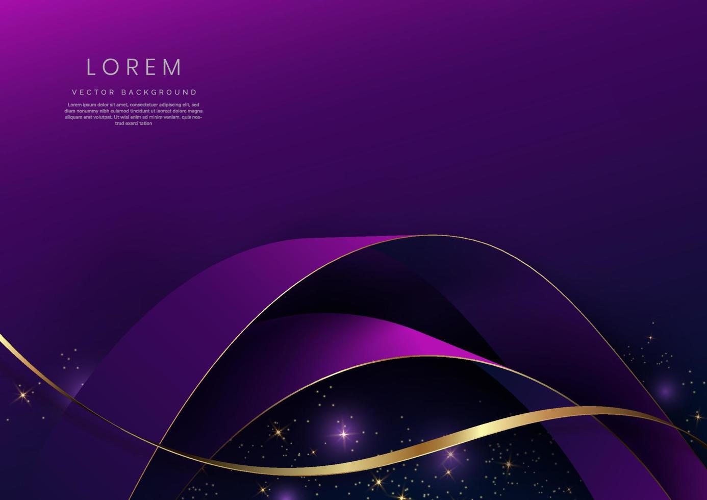 Abstract 3d gold curved ribbon on purple and dark blue background with lighting effect and sparkle with copy space for text. Luxury design style. vector