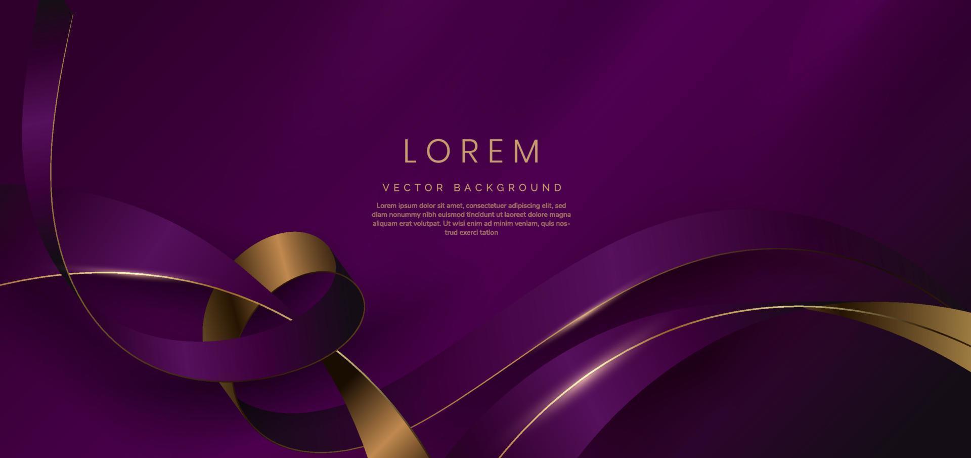 Abstract 3d gold curved ribbon on purple and dark purple background with lighting effect and sparkle with copy space for text. Luxury design style. vector