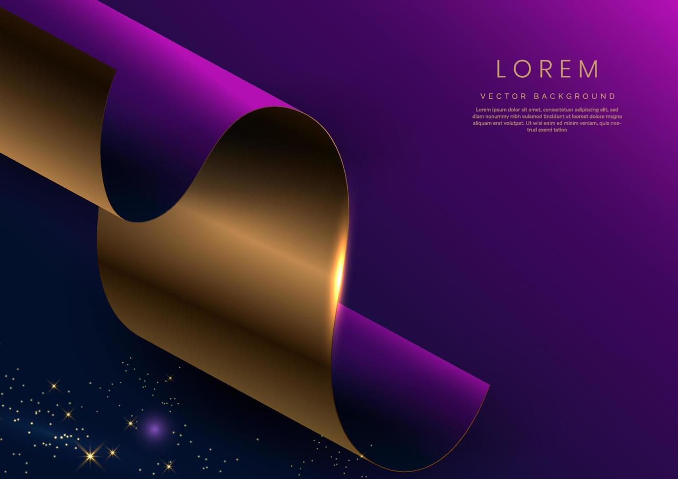 Abstract 3d gold curved ribbon on purple and dark blue background with lighting effect and sparkle with copy space for text. Luxury design style. vector