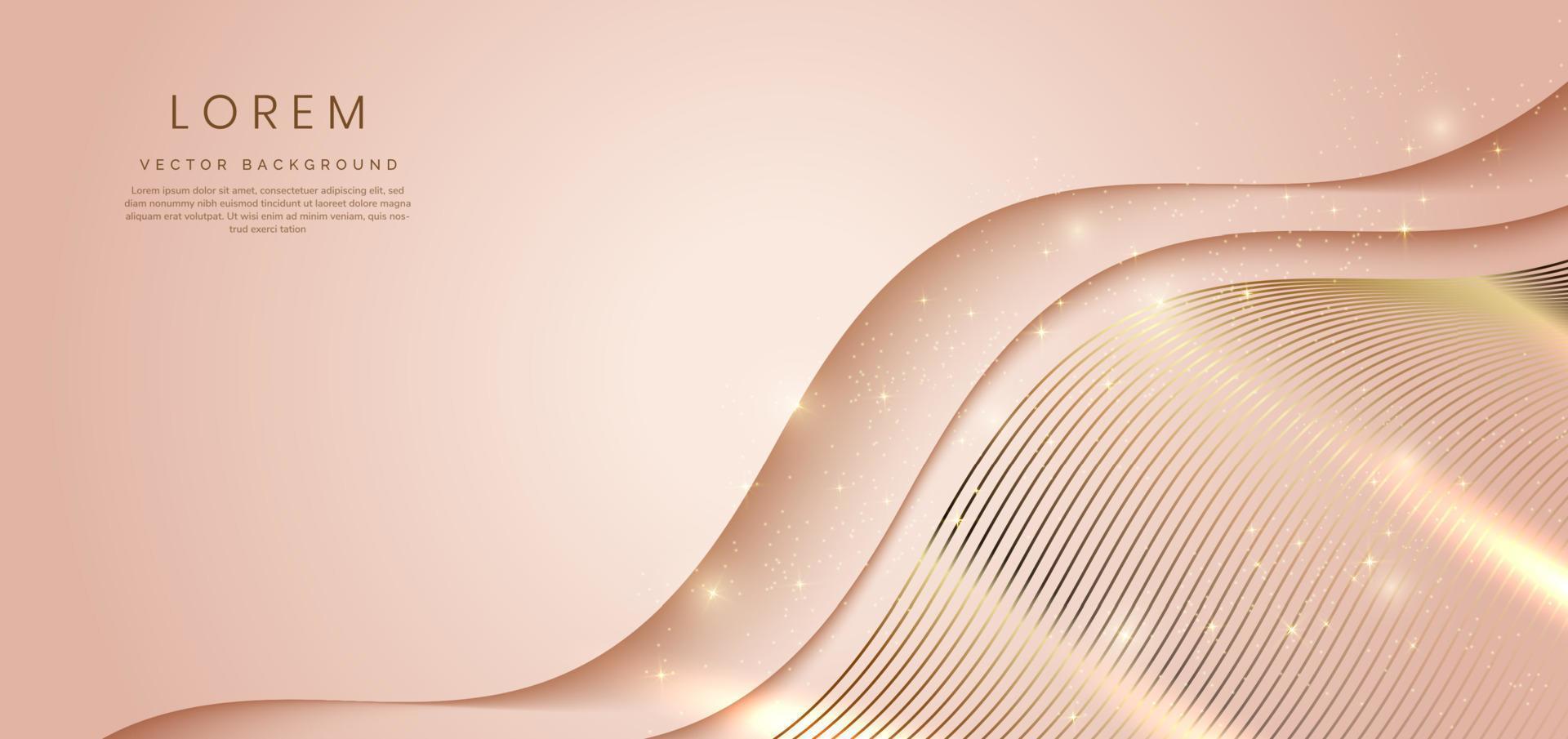 Abstract 3d light brown background with gold lines curved wavy sparkle with copy space for text. Luxury style template design. vector