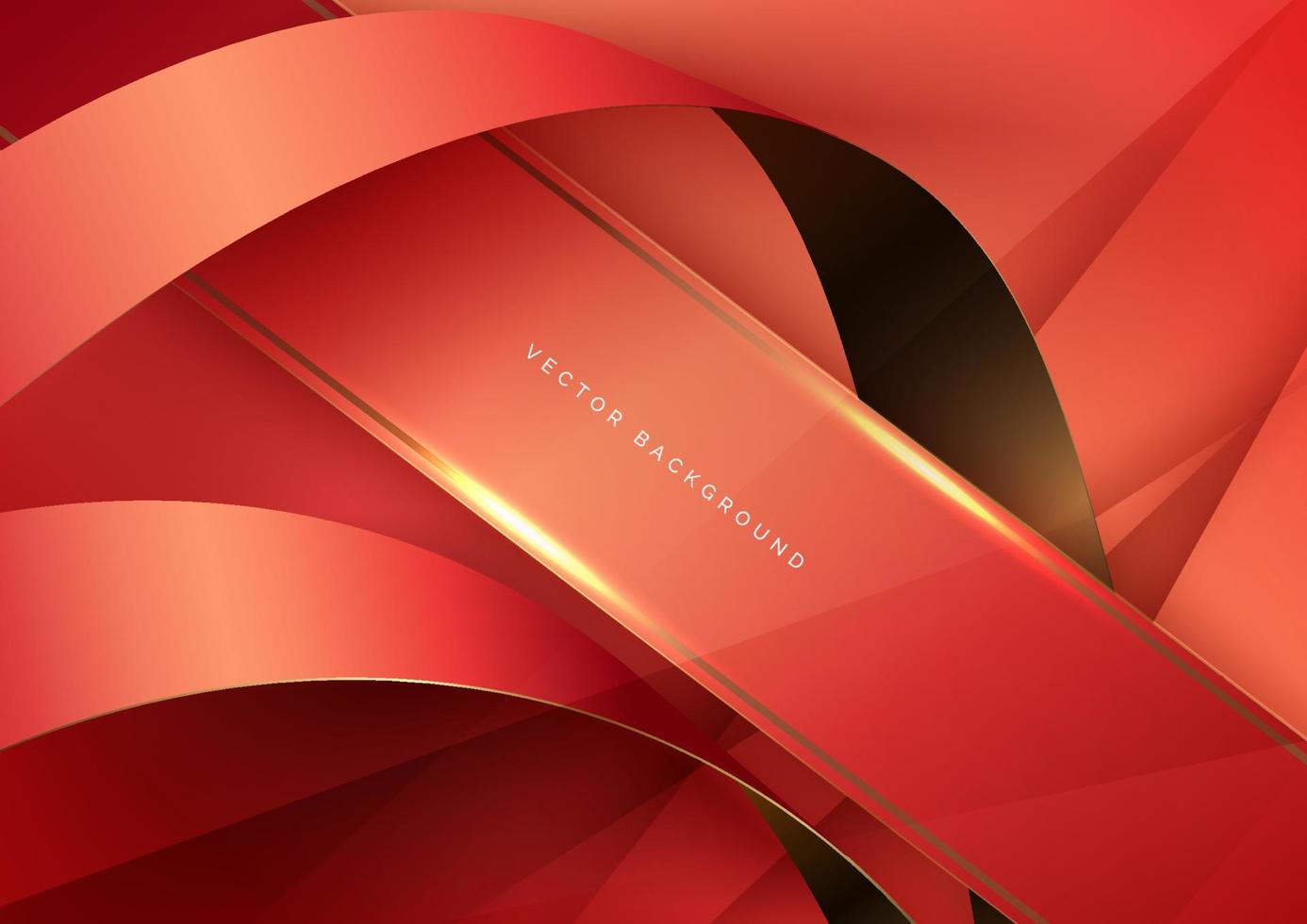 Abstract 3d curved red and gold ribbon on red background with lighting effect copy space for text. Luxury design style. vector