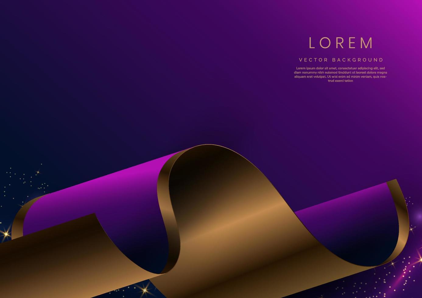 Abstract 3d gold curved ribbon on purple and dark blue background with lighting effect and sparkle with copy space for text. Luxury design style. vector