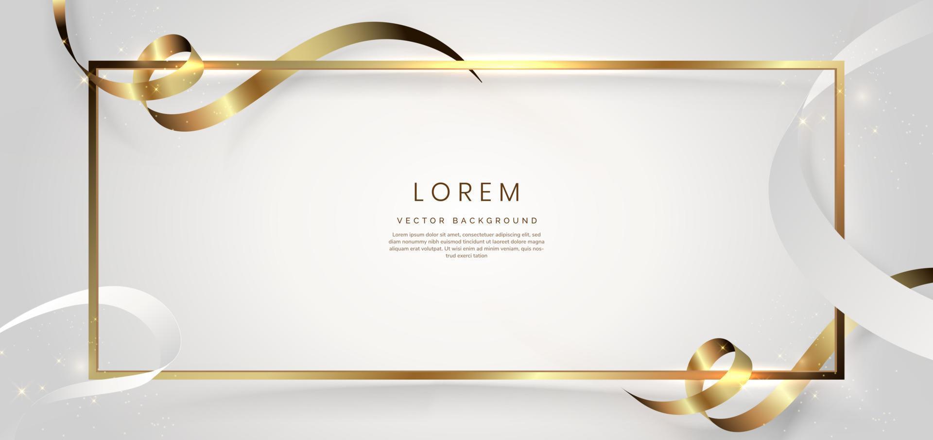 Abstract 3d gold curved ribbon on white background with lighting effect and sparkle with copy space for text. Luxury frame design style. vector