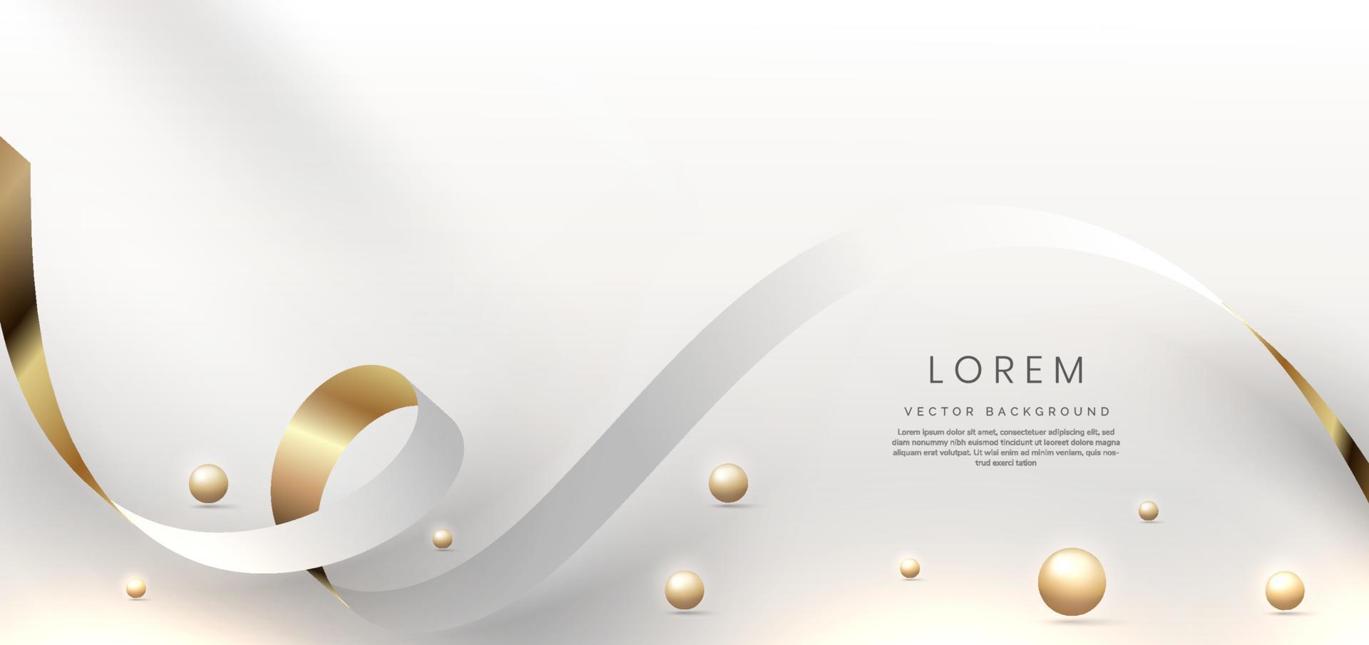 Abstract 3d gold curved white ribbon on grey background with bll lighting effect and sparkle with copy space for text. Luxury frame design style. vector