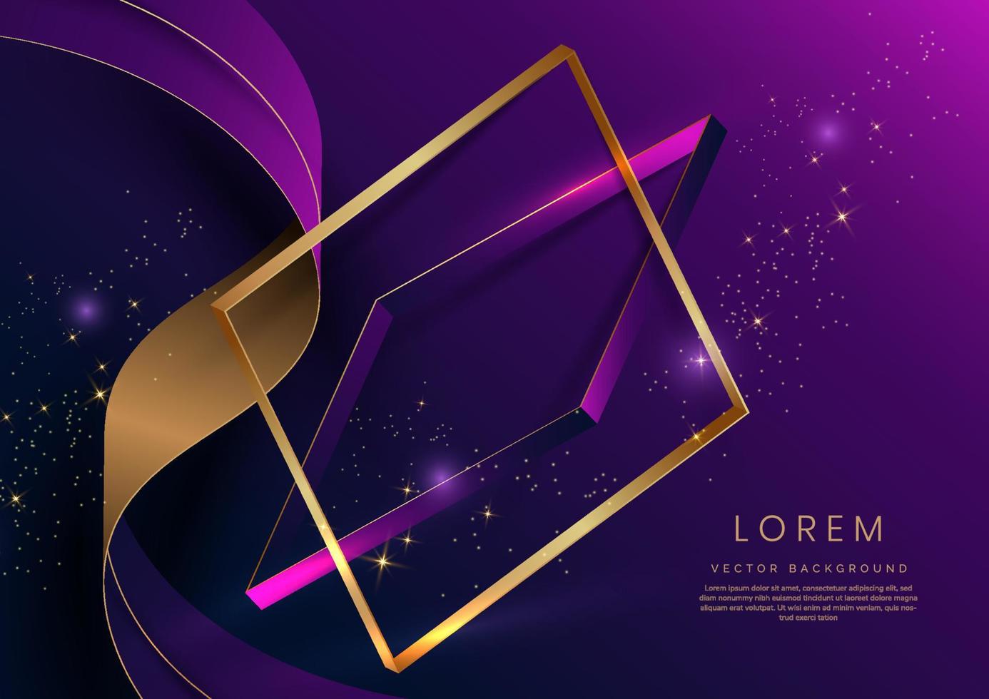 Abstract 3d gold curved ribbon on purple and dark blue background with lighting effect and sparkle with copy space for text. Luxury square frame design style. vector