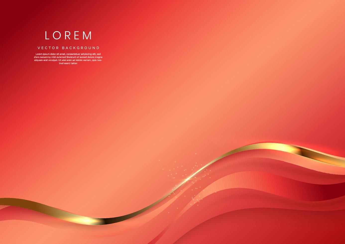 Abstract 3d gold curved ribbon on soft red background with lighting effect and sparkle with copy space for text. Luxury design style. vector