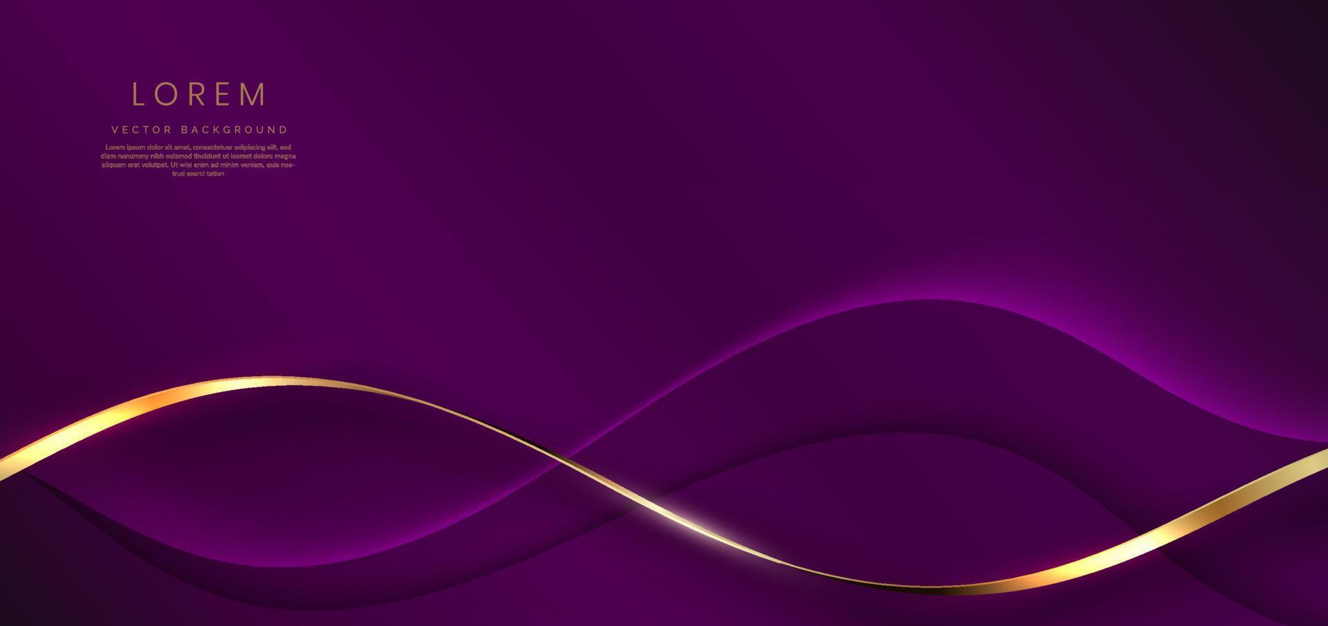 Abstract 3d curved violet and gold ribbon on violet background with lighting effect copy space for text. Luxury design style. vector