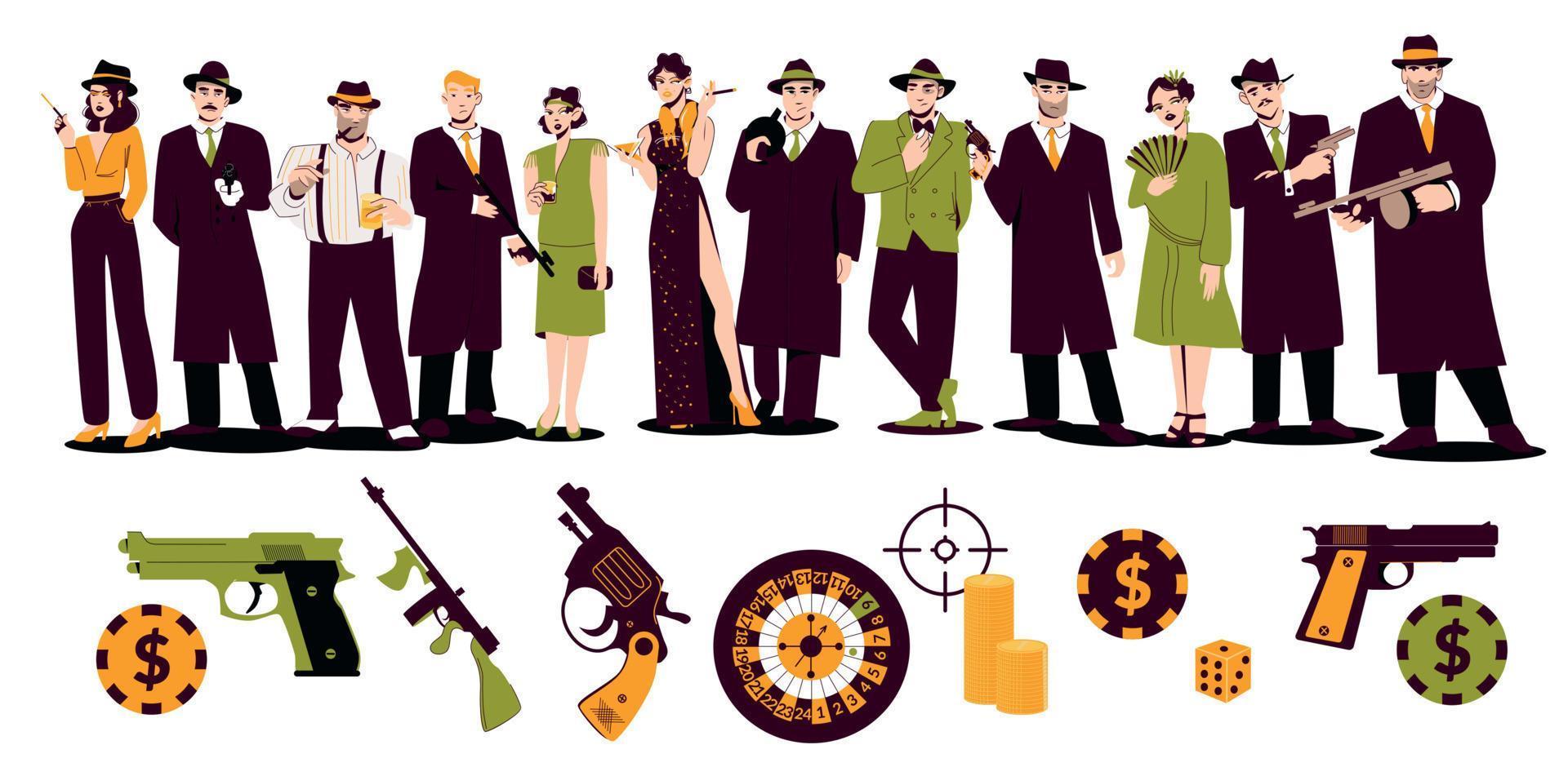 conjunto de iconos planos de la mafia vector