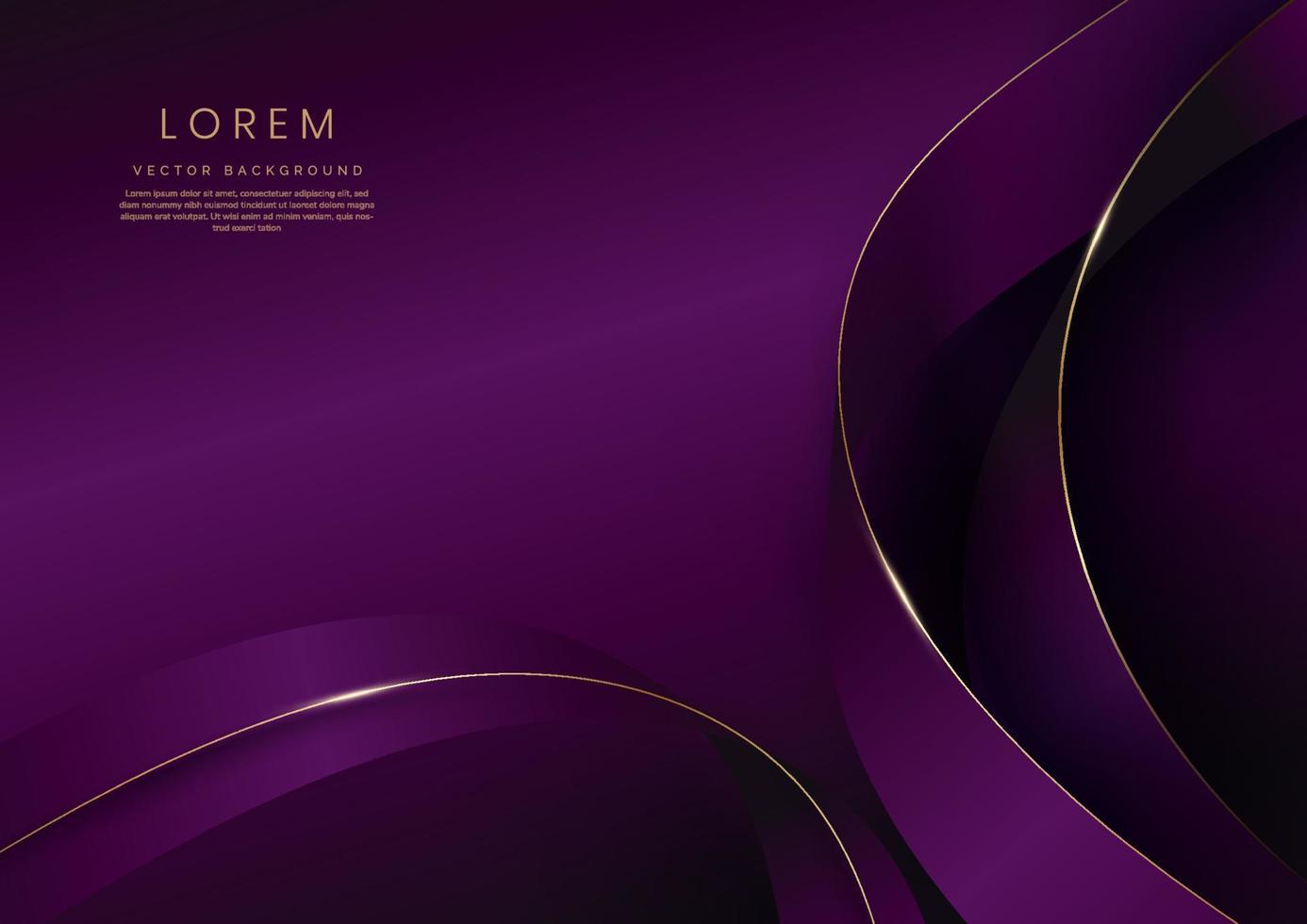 Abstract 3d gold curved ribbon on purple and dark purple background with lighting effect and sparkle with copy space for text. Luxury design style. vector