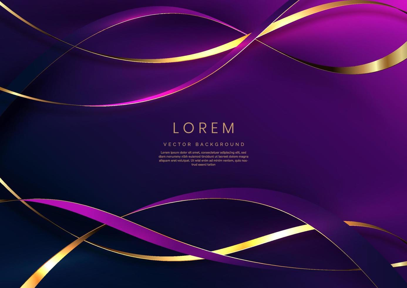 Abstract 3d gold curved ribbon on purple and dark blue background with lighting effect and sparkle with copy space for text. Luxury design style. vector