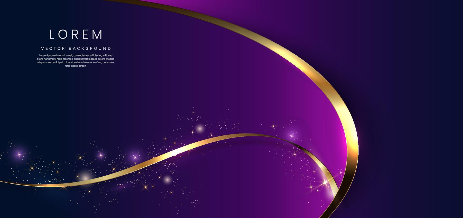 Abstract 3d gold curved ribbon on purple and dark blue background with lighting effect and sparkle with copy space for text. Luxury design style. vector