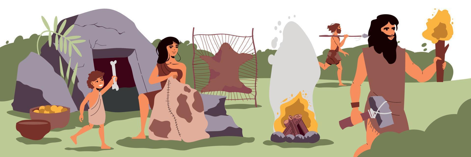 Primitive People Horizontal Illustration vector