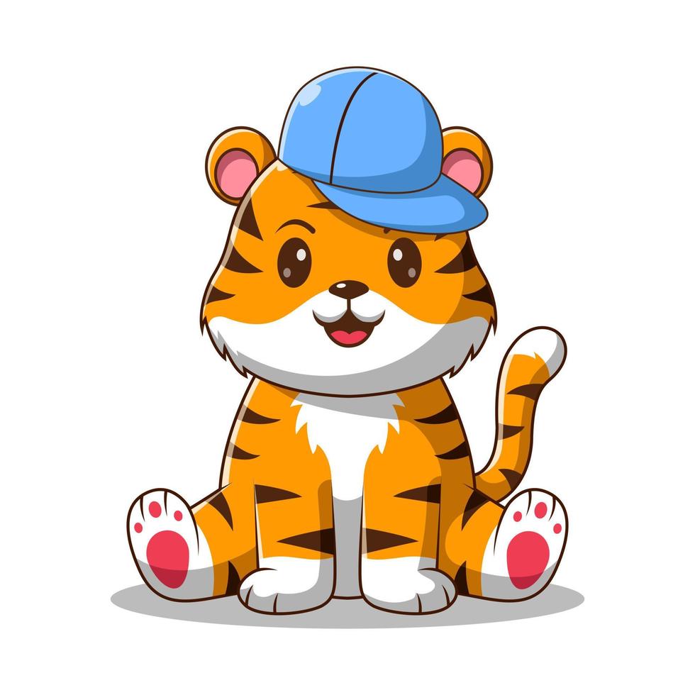 Cute Tiger Sitting Vector Icon Illustration. Tiger Mascot Cartoon Character. Animal Icon Concept White Isolated. Flat Cartoon Style Suitable for Web Landing Page, Banner, Flyer, Sticker, Card