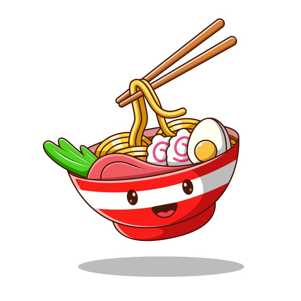 ramen, fideos, huevo, y, carne, con, palillo, caricatura, vector, icono, ilustración. concepto de icono de comida y bebida. estilo de dibujos animados plana vector