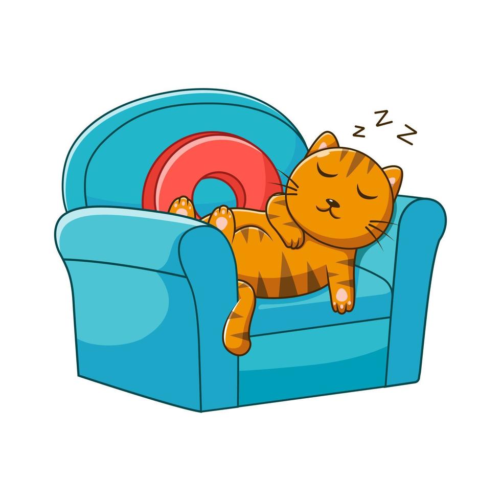 Cat Cartoon Sleeping on The Chair, Cat Mascot Cartoon Character. Animal Icon Concept White Isolated. Flat Cartoon Style Suitable for Web Landing Page, Banner, Flyer, Sticker, Card vector