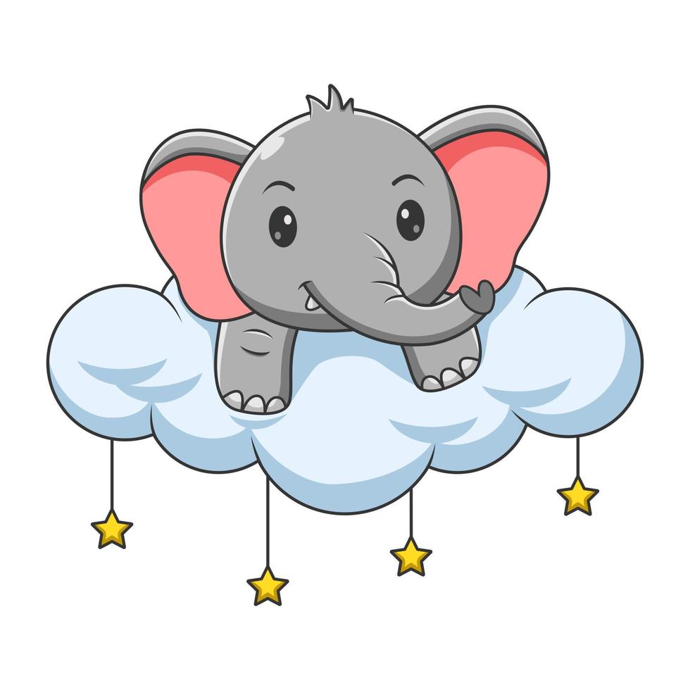 Cute Elephant above the clouds Vector Icon Illustration. Elephant Mascot Cartoon Character. Animal Icon Concept White Isolated. Flat Cartoon Style Suitable for Web Landing Page, Banner, Flyer, Sticker