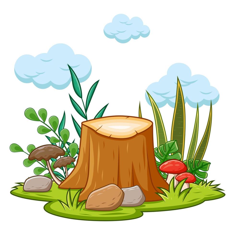 Tree Stump Cartoon With Fresh Green Grass and Plant Isolated on White Background, Vector Illustration of Tree Stump