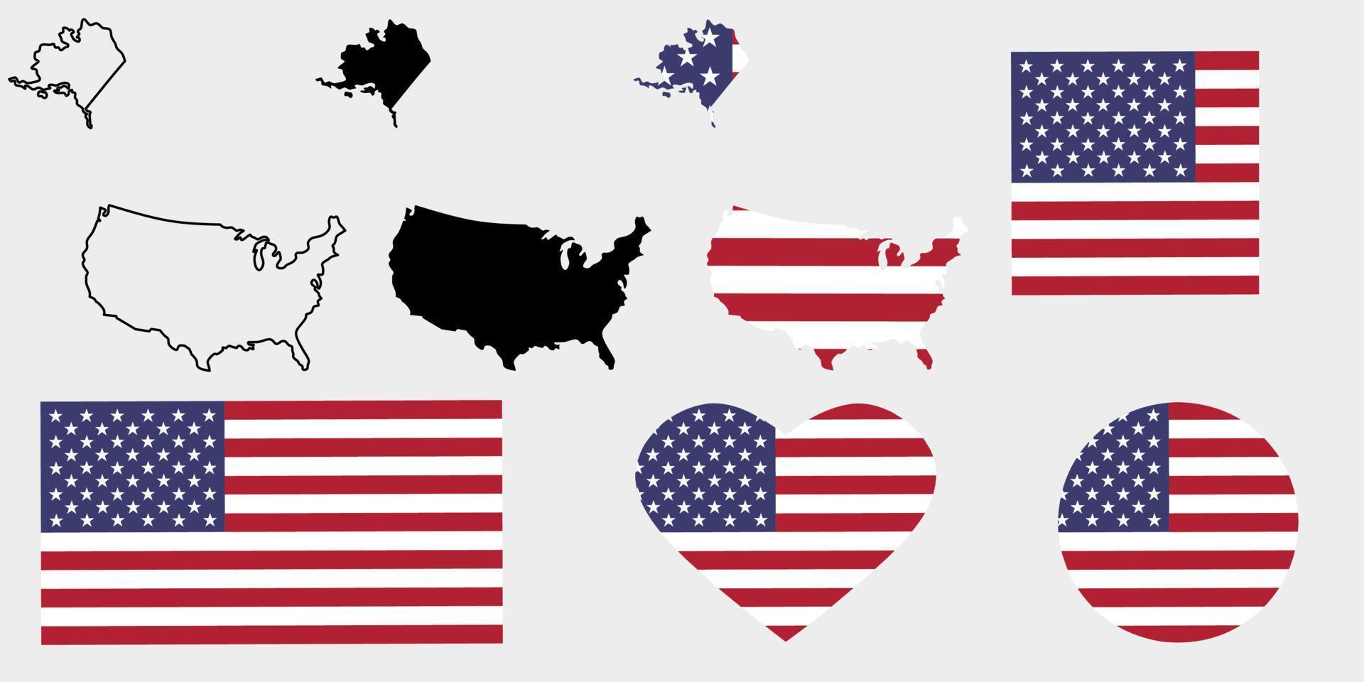 conjunto de iconos de bandera de mapa de estados unidos de américa vector