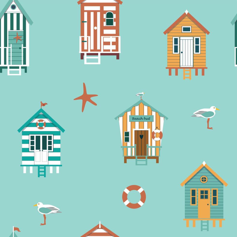 Seamless pattern with beach huts seagulls on blue background vector