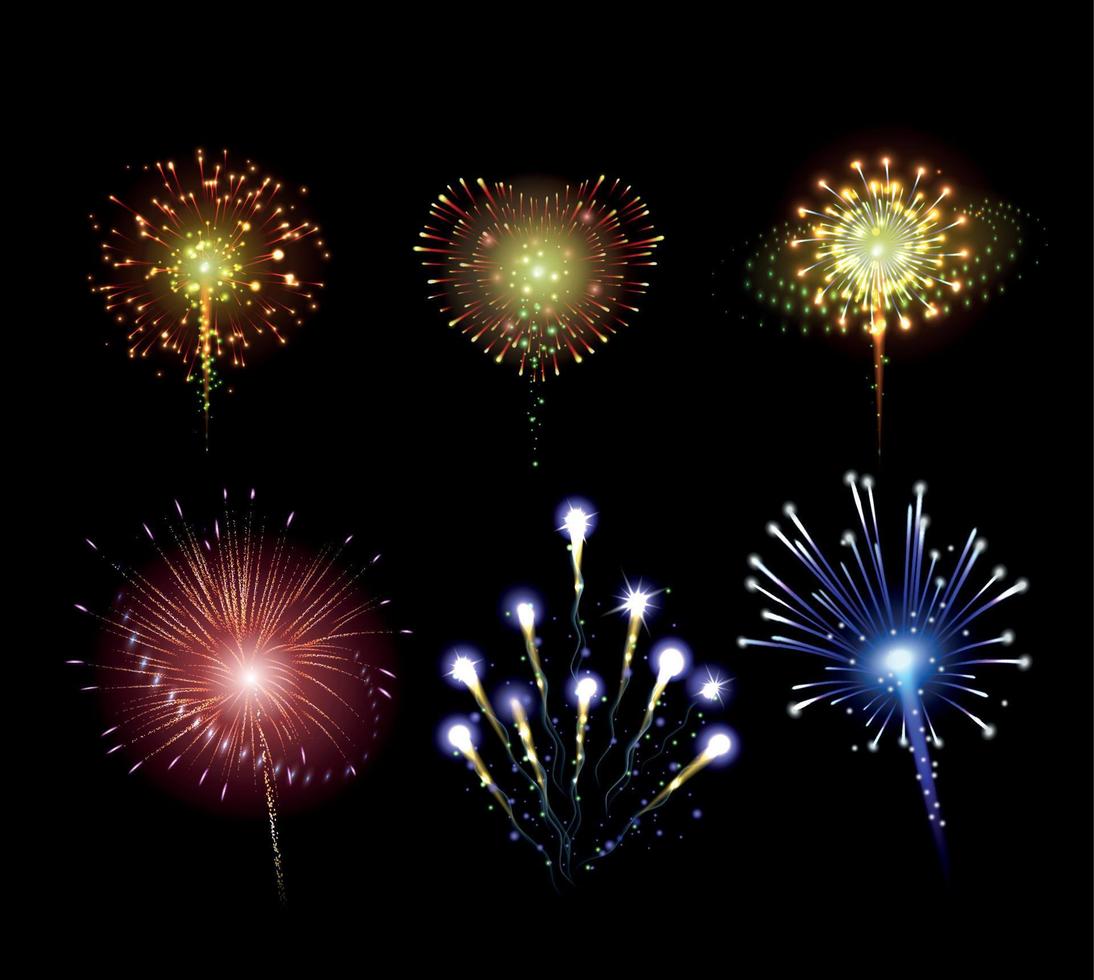 Night Fireworks Realistic Set vector