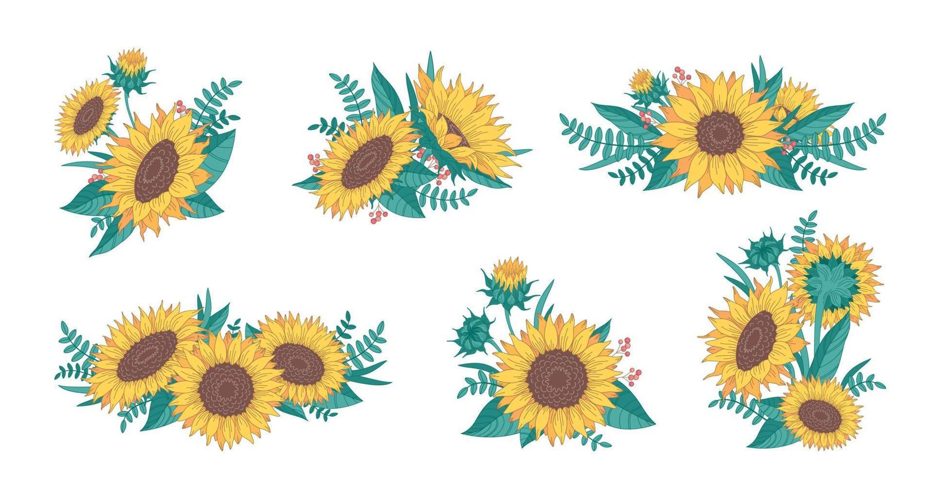 conjunto de girasoles de dibujos animados vector