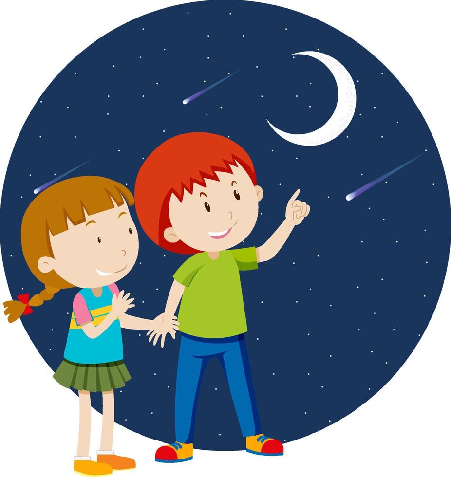 niños felices señalando con el dedo a la luna vector