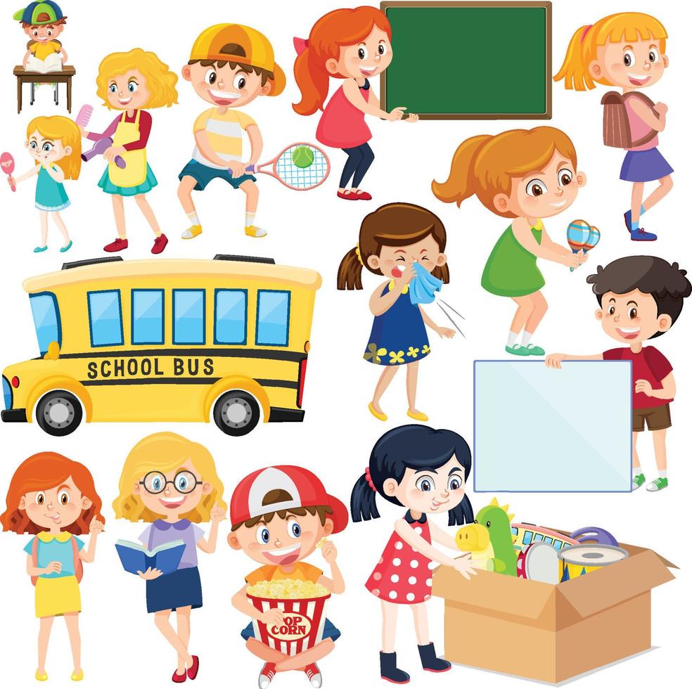 Set of different cute kids and objects vector