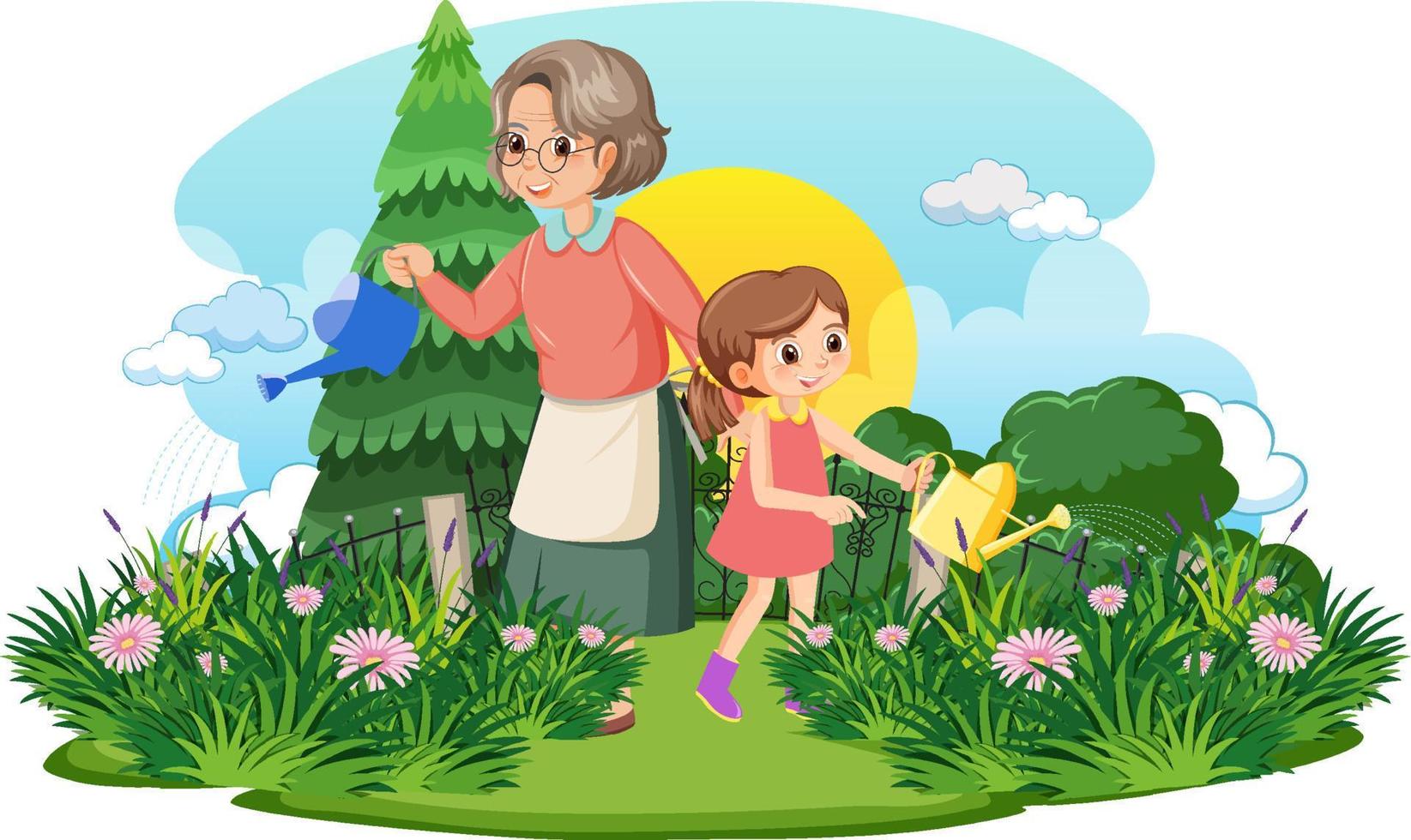 Grandmother and her niece gardening vector