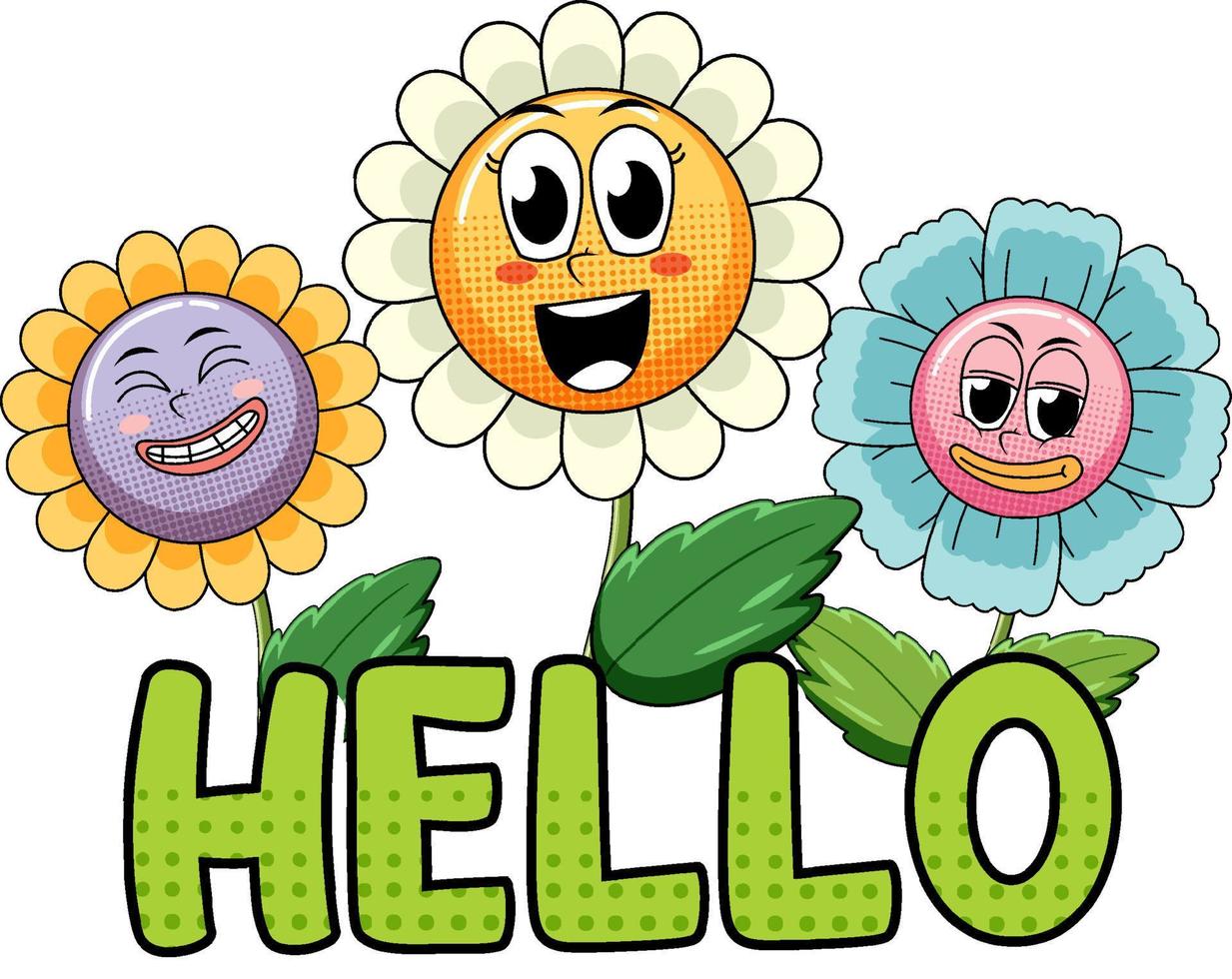 Flowers with hello word expression comic style vector