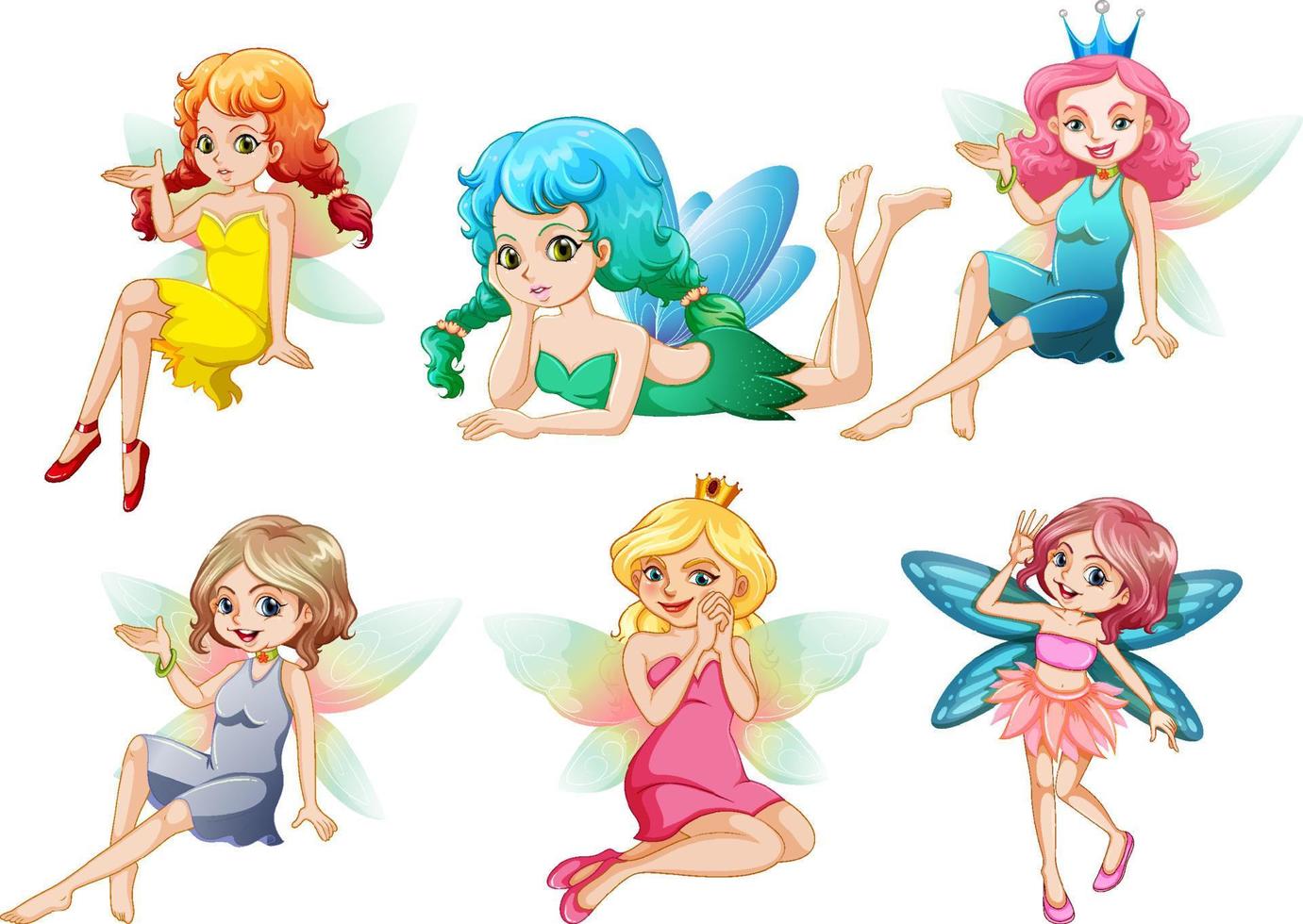 Set of different beautiful fairy girl cartoon character vector