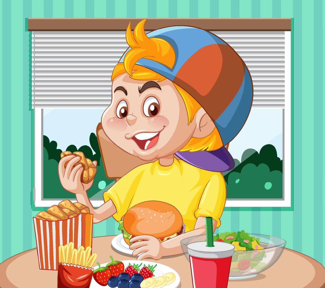 A boy eating breakfast at the table vector