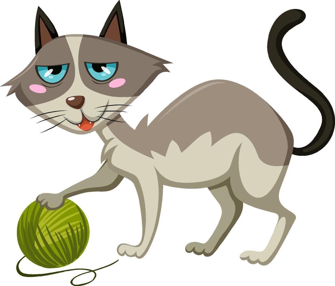 gato felino jugando con bola de hilo vector