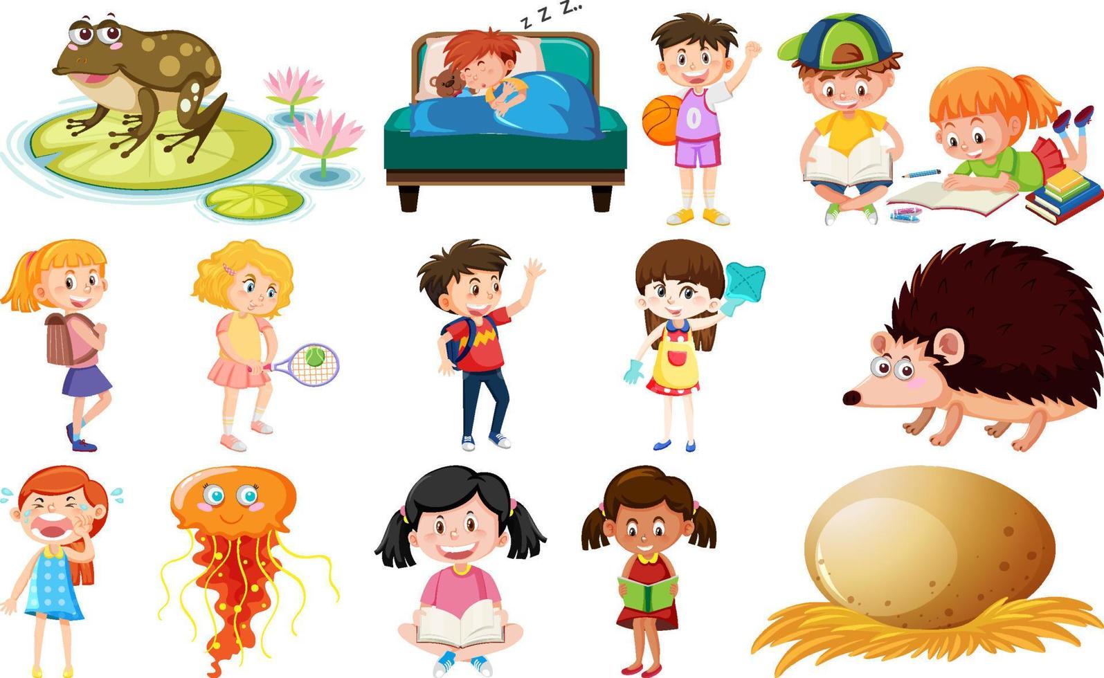 Set of different cute kids and objects vector