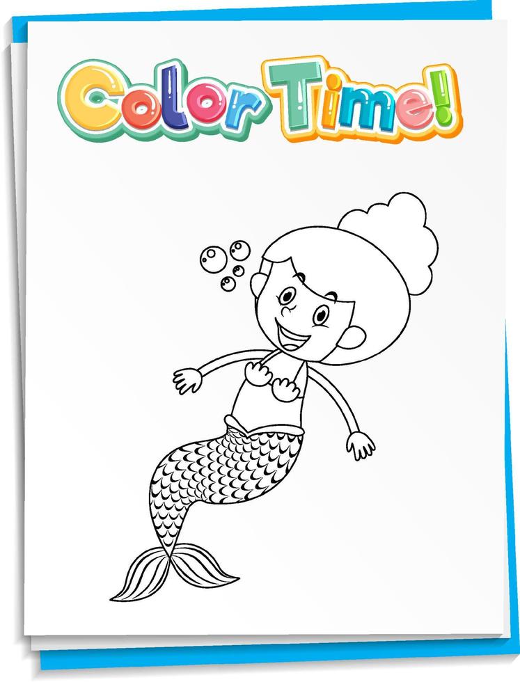 Worksheets template with color time text and mermaid outline vector
