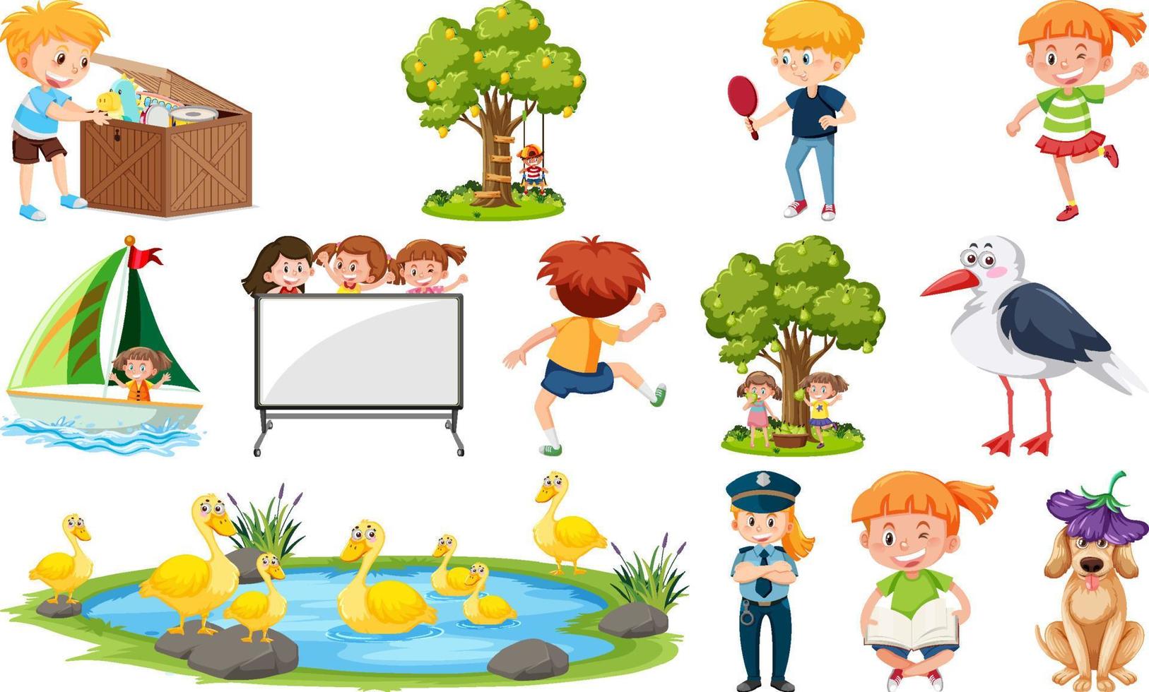 Set of different cute kids and objects vector