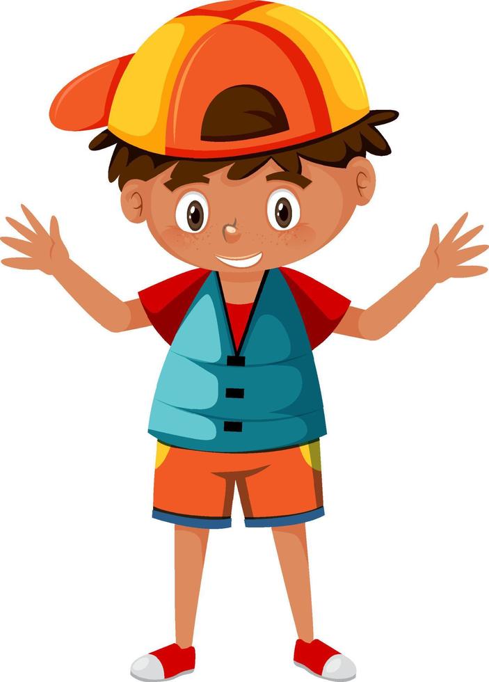 Little boy wearing blue life jacket in cartoon style vector