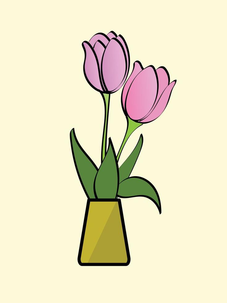 flor de tulipán rosa en jarrón amarillo sobre vector de fondo amarillo