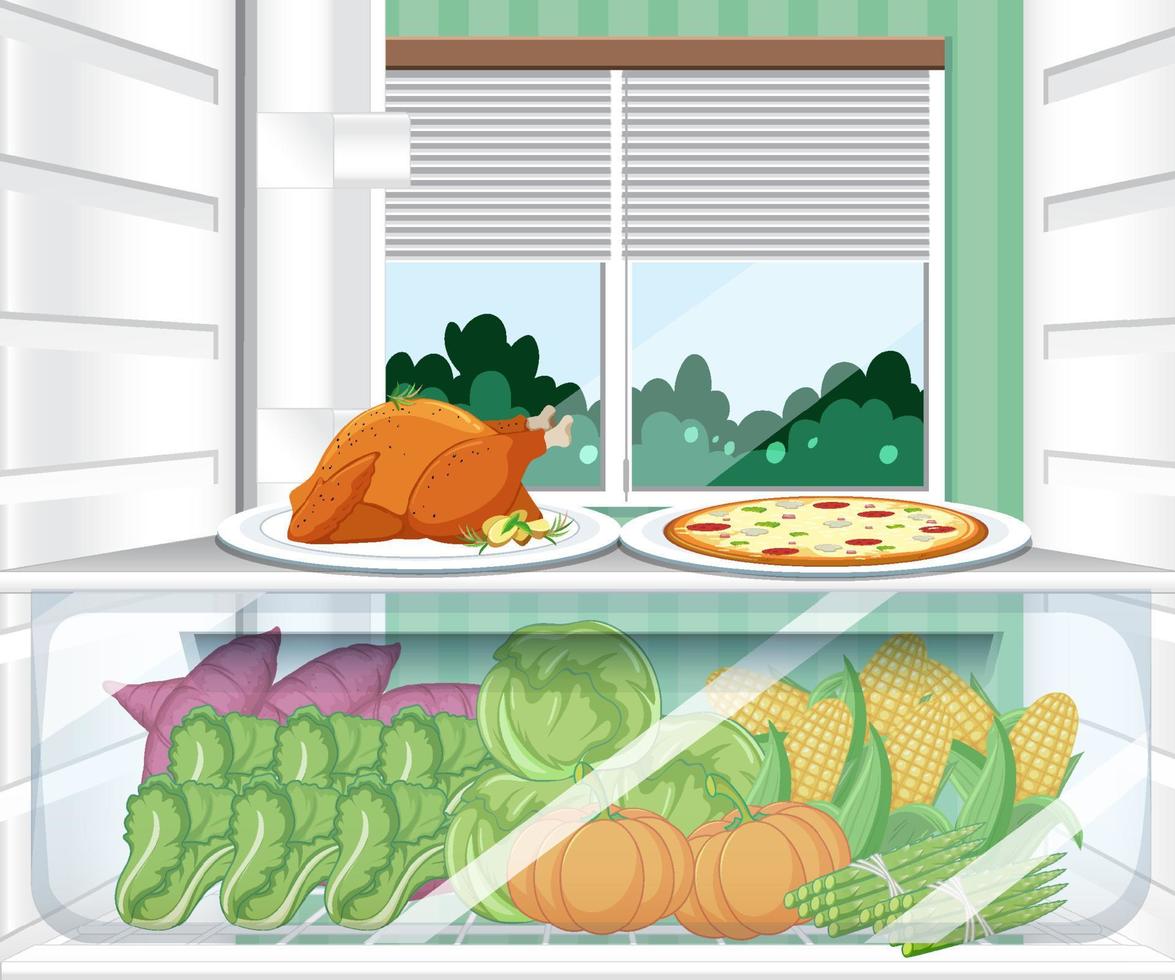 Inside of refrigerator with foods vector